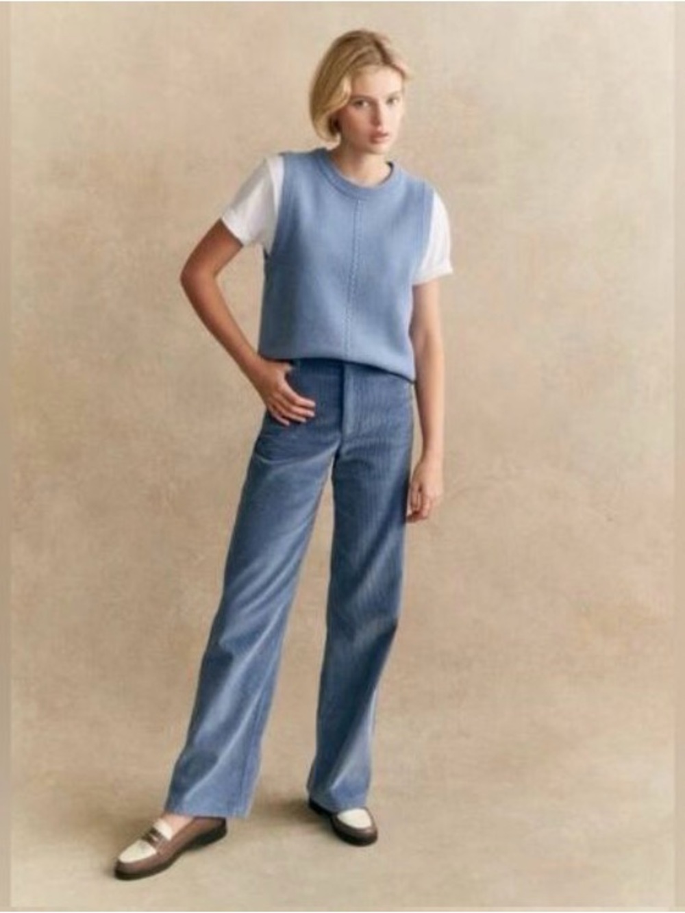 Sezane Wide Leg Vintage Blue Corduroy Trousers size 36